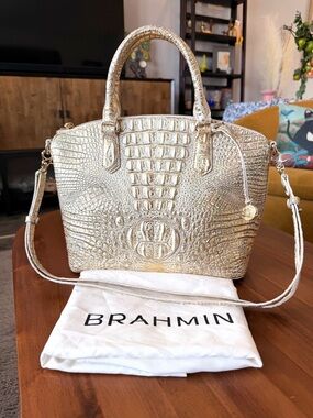 Brahmin Metallic Gold Croc-Embossed Satchel